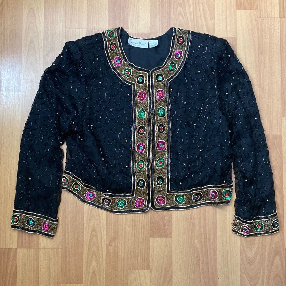 Laurence Kazar New York Black Silk Multicolor Beaded Evening Jacket Women XXL